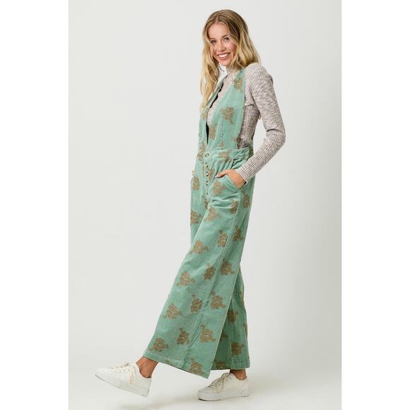 NWT Mystree Embroidered Corduroy Jumpsuit Sage Green Floral Size Small - Picture 2 of 10